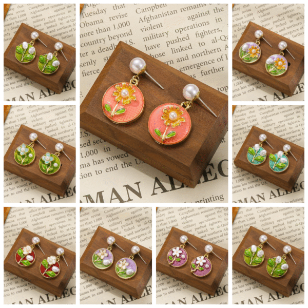 Silver Needle New Chinese Style Earrings with Enamel Color, Pearl Flower Stud Earrings, Vintage Ear Ornaments, Minority High-End Sense Women's Cross-Border.