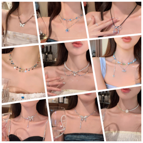 Sweet and cool rhinestone butterfly necklace for women with an ins-style design, a bowknot and pearl collarbone chain, an elegant neck chain.