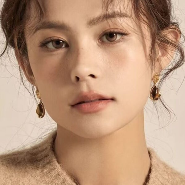 Maillard coffee-colored tiger eye stone earrings for women, simple, fashionable and versatile stud earrings with a luxurious and high-class sense of jewelry.