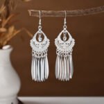 Bohemian Feather Tassel Earrings Ethnic Silver Wing Drops Tribal Moonlight Long Earrings