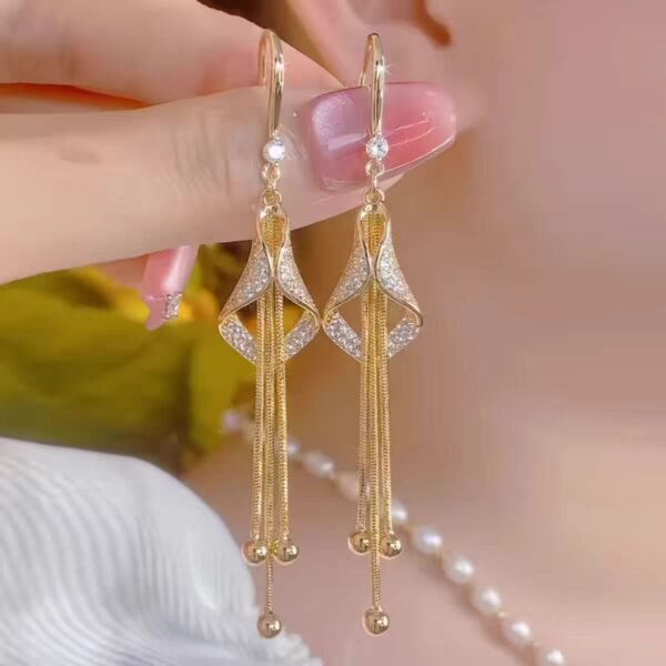 Women's fashionable geometric diamond long tassel earrings in a Korean style with a refined temperament, versatile and studded with diamonds, a luxurious and light - weighted earring that makes the face look slimmer.Women's fashionable geometric diamond long tassel earrings in a Korean style with a refined temperament, versatile and studded with diamonds, a luxurious and light - weighted earring that makes the face look slimmer.