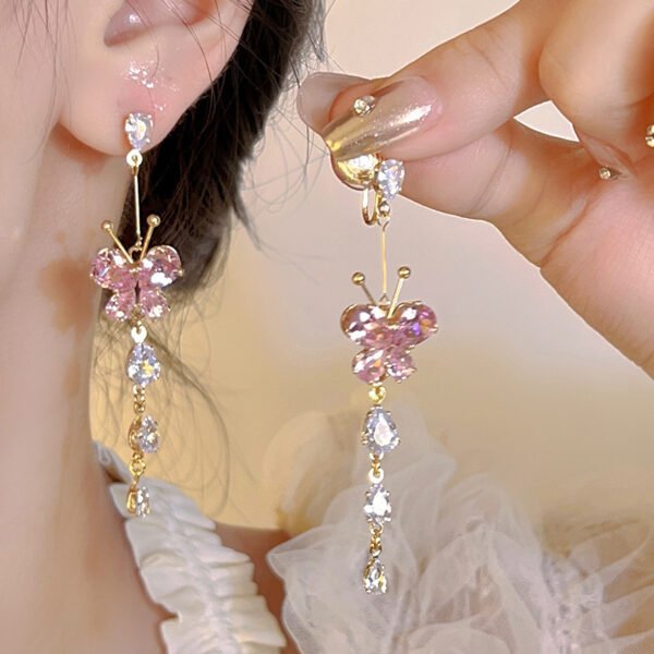 Sweet and delicate zircon inlaid diamond butterfly tassel romantic earrings, ear clips, studs, and eardrops.