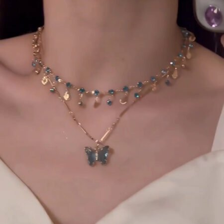 "Love of the Blue Butterfly" Women's Blue Butterfly Necklace, a New and Popular Double-layered Collarbone Necklace Accessory for Women in 2024