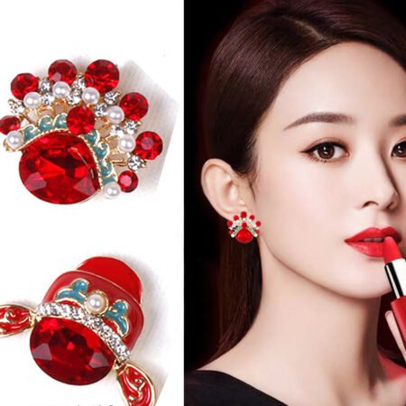 International-style Peking Opera female warrior facial makeup-inspired Chinese trendy earrings for women, red ear drops, new style in 2025, high-class pearl stud earrings
