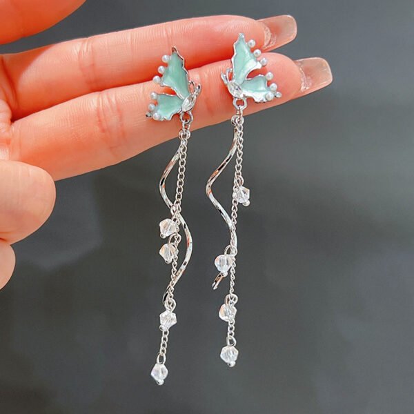 Women's stud earrings, light luxury, niche design, high - end feeling. Super - fairy long butterfly tassel earrings and ear ornaments.