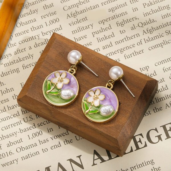 Silver Needle New Chinese Style Earrings with Enamel Color, Pearl Flower Stud Earrings, Vintage Ear Ornaments, Minority High-End Sense Women's Cross-Border.