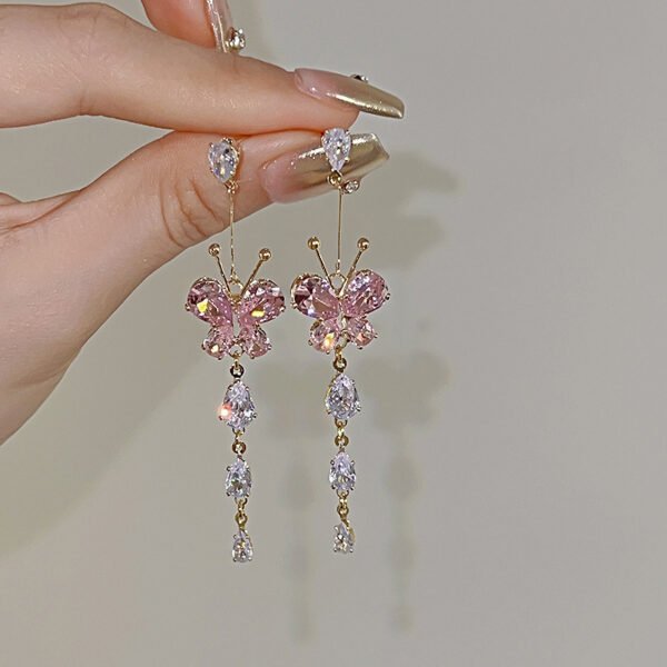 Sweet and delicate zircon inlaid diamond butterfly tassel romantic earrings, ear clips, studs, and eardrops.