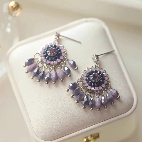 New popular purple synthetic crystal tassel stud earrings in the 2025 style, featuring a unique ethnic and vintage design with a niche aesthetic.