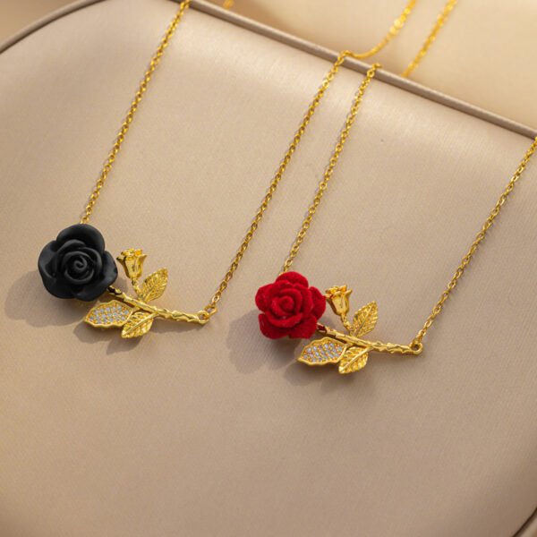 Cross-border French romantic red rose titanium steel necklace for women. A wine-red and elegant necklace with a flower pendant slightly inlaid with zircon, suitable as a collarbone chain.