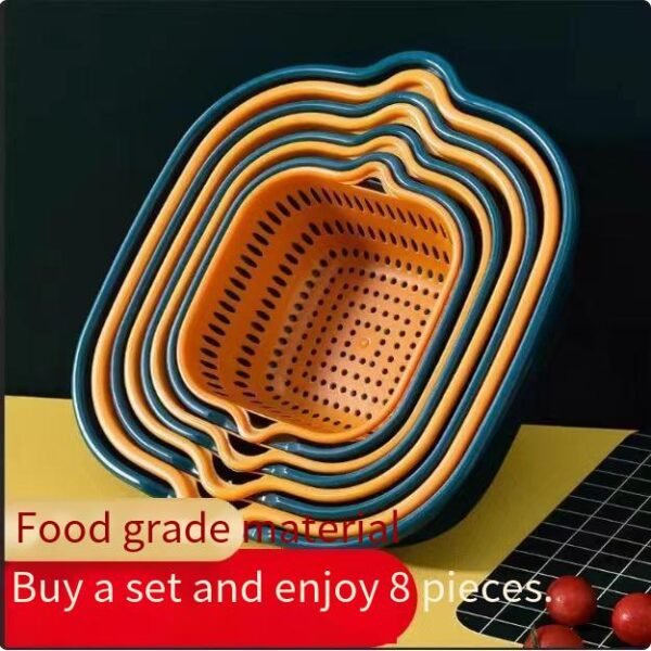 Double-layer vegetable washing basin, simple hollow large-sized draining basket, 8-piece kitchen set, fruit plate, fruit washing and vegetable rinsing basket