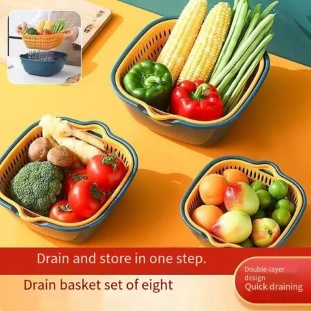 Double-layer vegetable washing basin, simple hollow large-sized draining basket, 8-piece kitchen set, fruit plate, fruit washing and vegetable rinsing basket