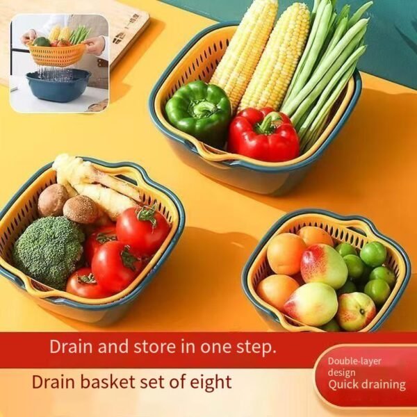 Double-layer vegetable washing basin, simple hollow large-sized draining basket, 8-piece kitchen set, fruit plate, fruit washing and vegetable rinsing basket