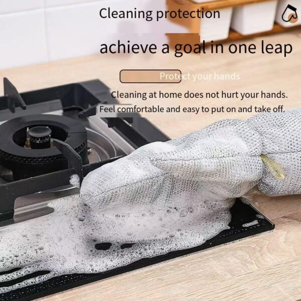 Steel wire dishwashing gloves, extra-long, waterproof, for cleaning, heat-insulating, suitable for hot items in the kitchen. Ideal for women doing household chores. Thick and durable for washing dishes and pots.