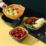 Double-layer vegetable washing basin, simple hollow large-sized draining basket, 8-piece kitchen set, fruit plate, fruit washing and vegetable rinsing basket