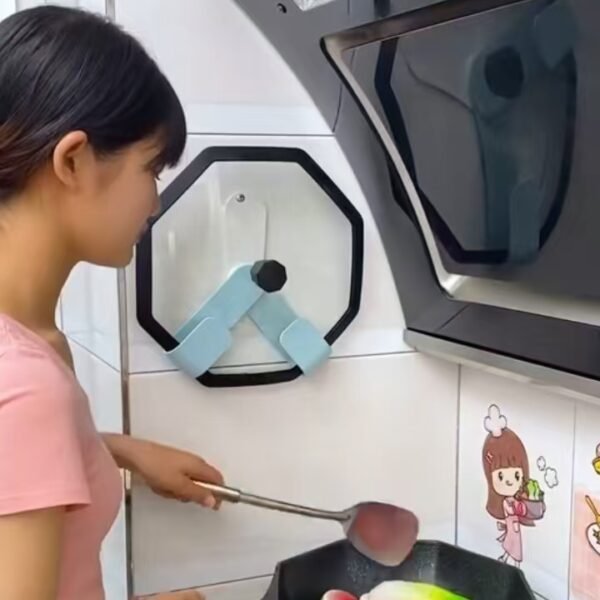 Foldable pot lid rack, wall-mounted storage rack, punch-free and adjustable, used for placing pot lids and cutting boards in the kitchen.